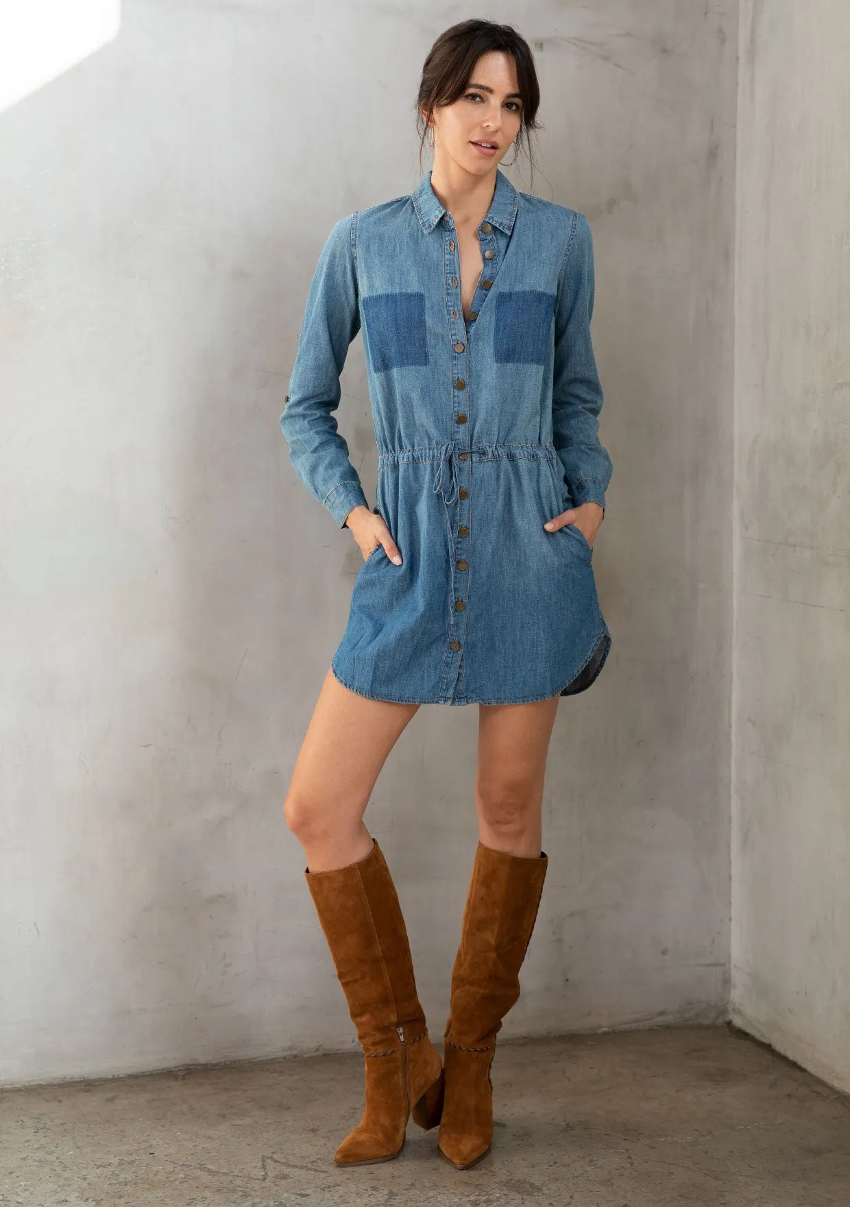Casual Button-Up Long Sleeve Mini Shirt Dress