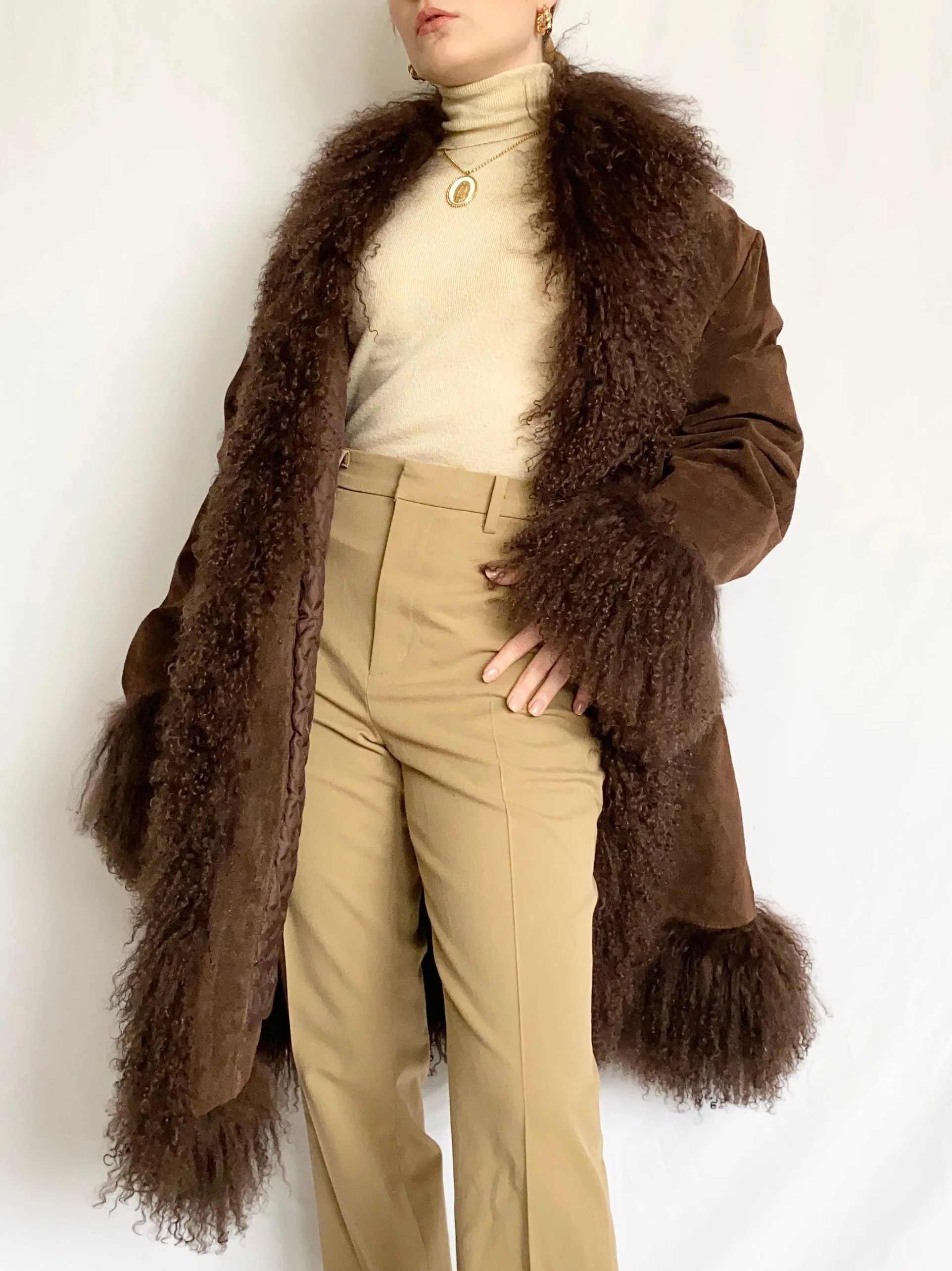 Chocolate Penny Lane Shaggy Mongolian Trim Coat (XL)