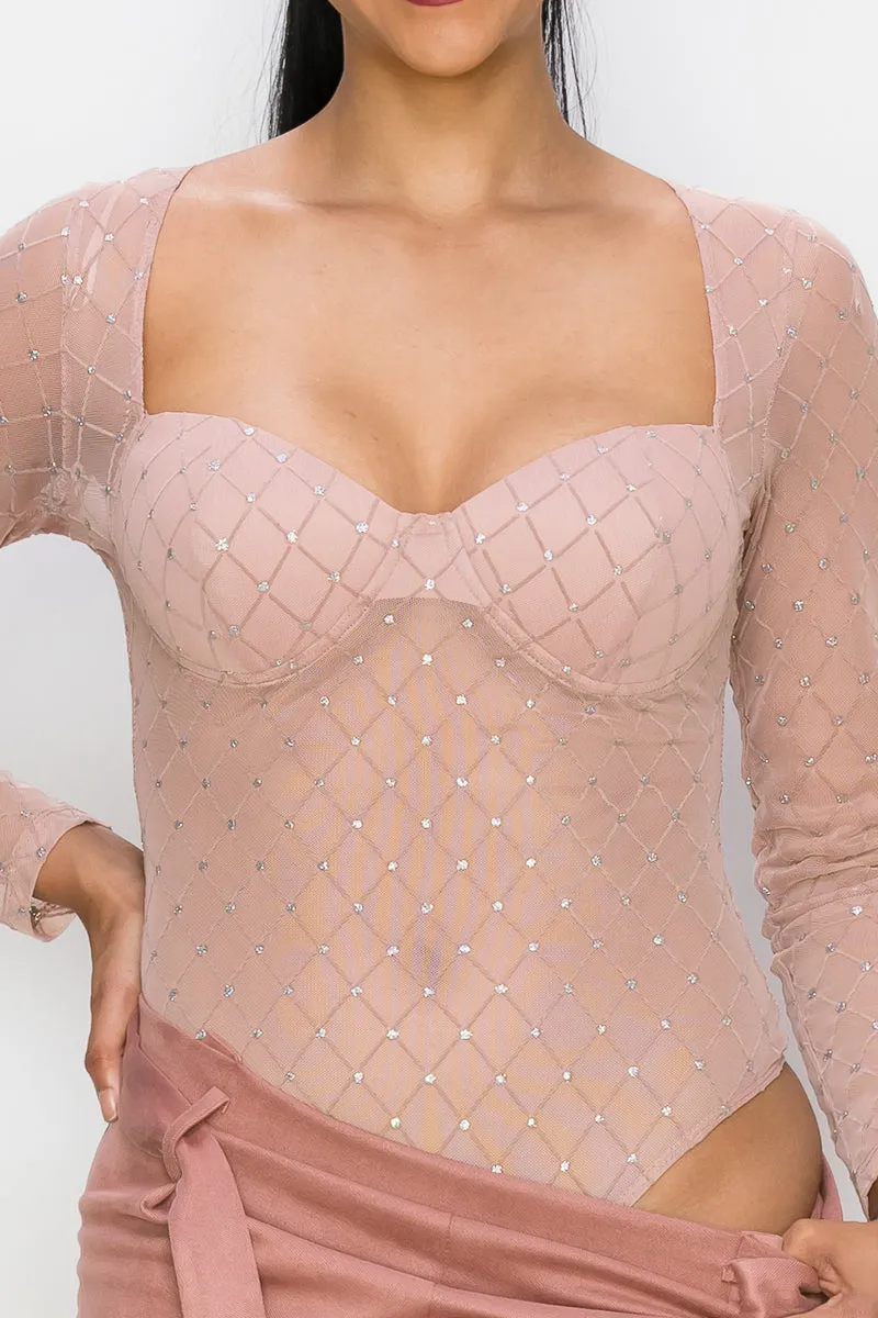 Dusty Blush Diamond-patterned Sheer Bodysuit_