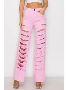 High Waisted Pink Color Heavy Distressed Wide Leg Jeans
