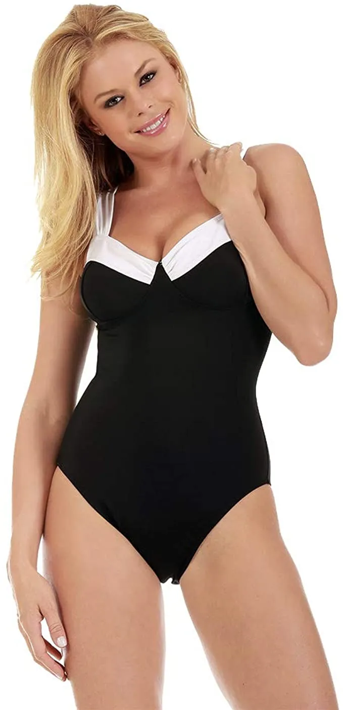 InstantFigure Women's Compression Shapewear Contrast Trim Tummy Control Padded One Piece  Color Black Size 14