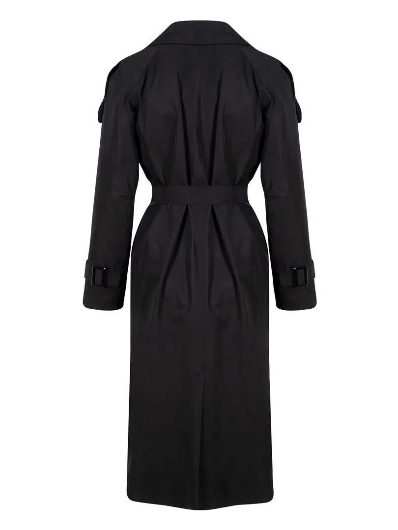 Long Trench Coat with Sleeve and Shoulder Belt Detail - Black