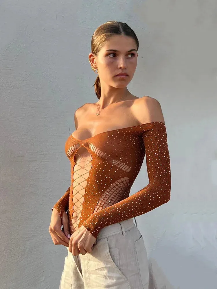 Women Long Sleeve Rhinestone Mesh Hollow Out Bodysuit
