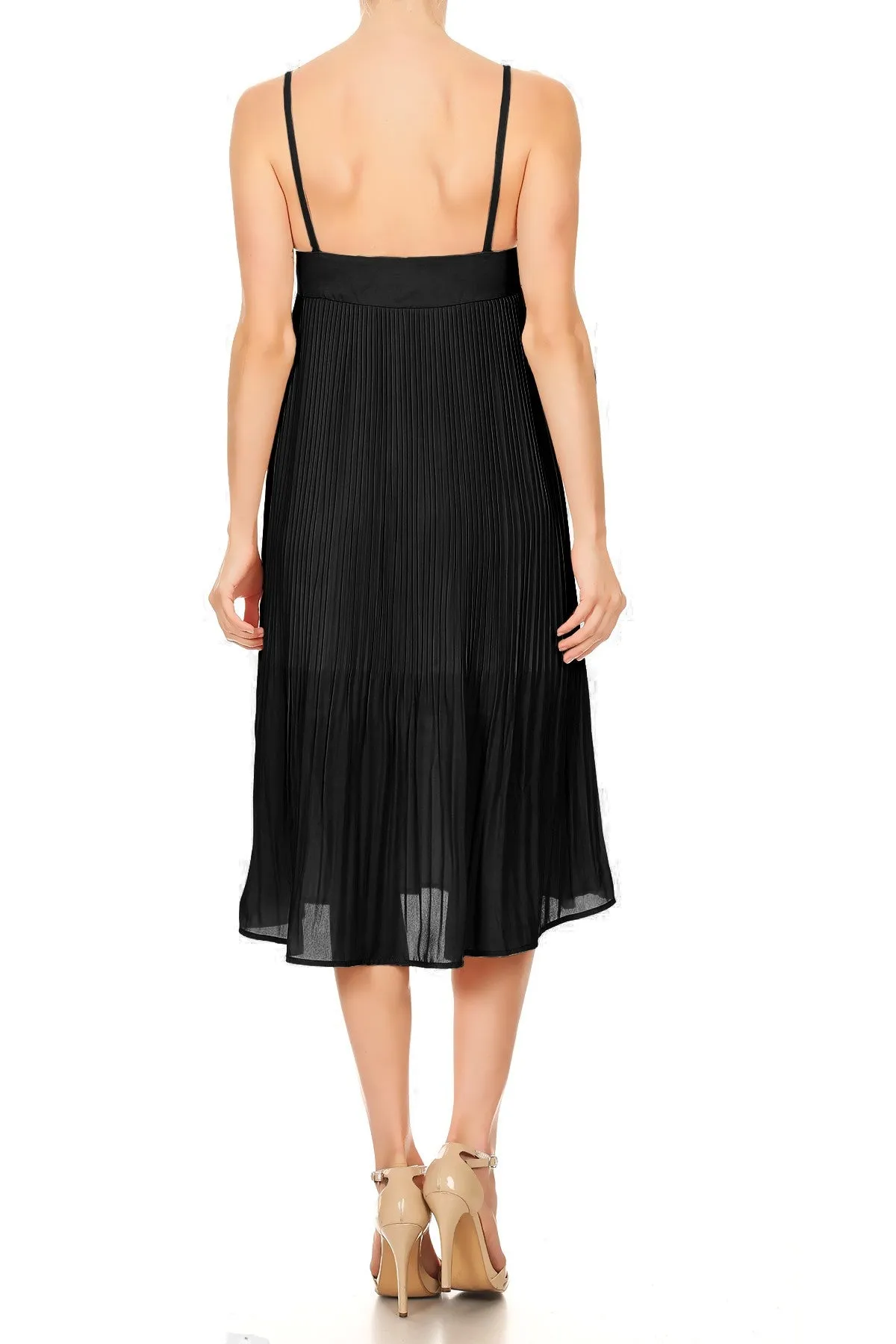 Womens Juniors Sleeveless Spaghetti Strap Pleated Midi Cocktail Dress